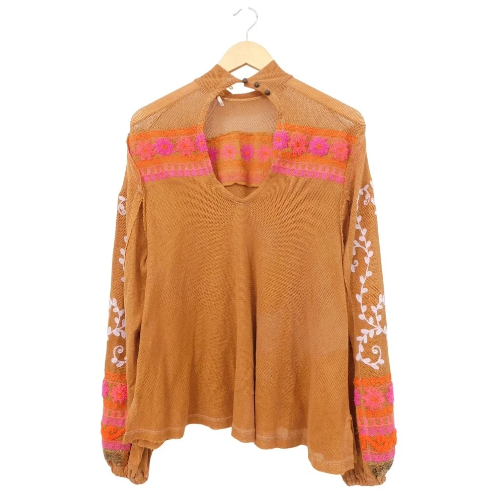 Free‎ People XS Cherish Me Top Embroidered Open Back Balloon Sleeve Top
